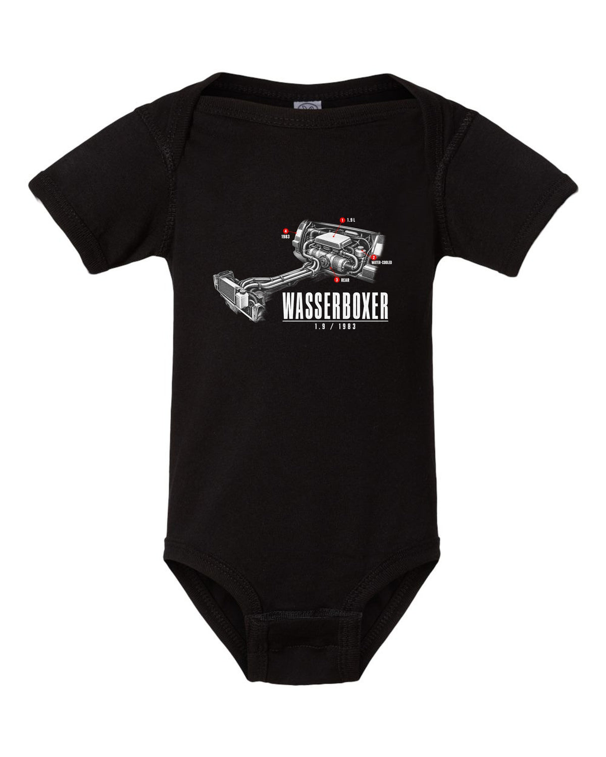 Engine hero print of the VW T3 Wasserboxer 1.9 water-cooled boxer engine with 1983 text black baby onesie front view with the design
