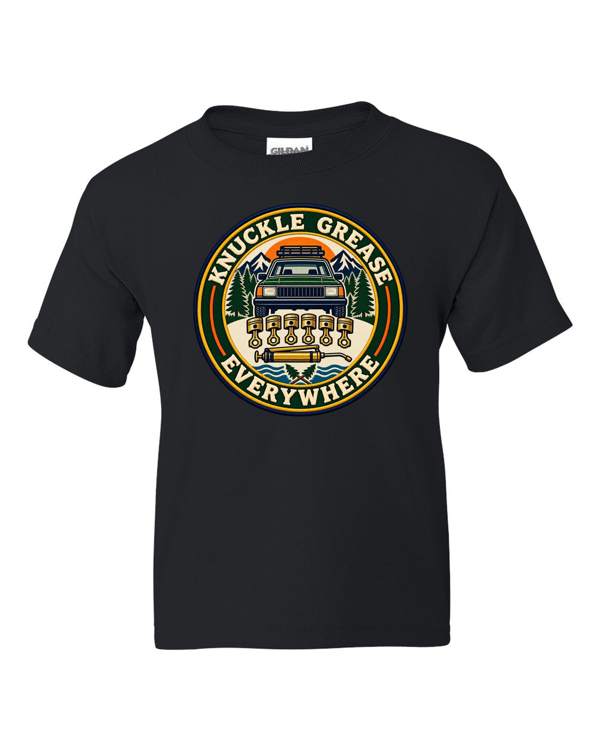 Badge crest of a Toyota Land Cruiser FZJ80 inline-six with Knuckle Grease Everywhere lettering black kids tee front view with the design
