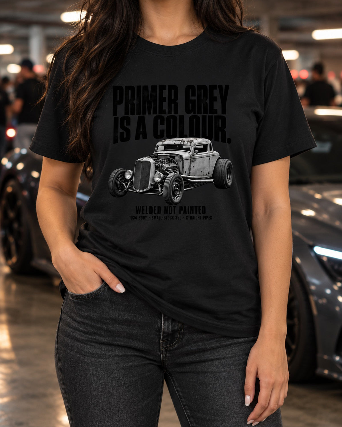 Rat Rod 1934 Ford-Style Coupe Primer Grey Halftone Shirt T-Shirt Black worn hero