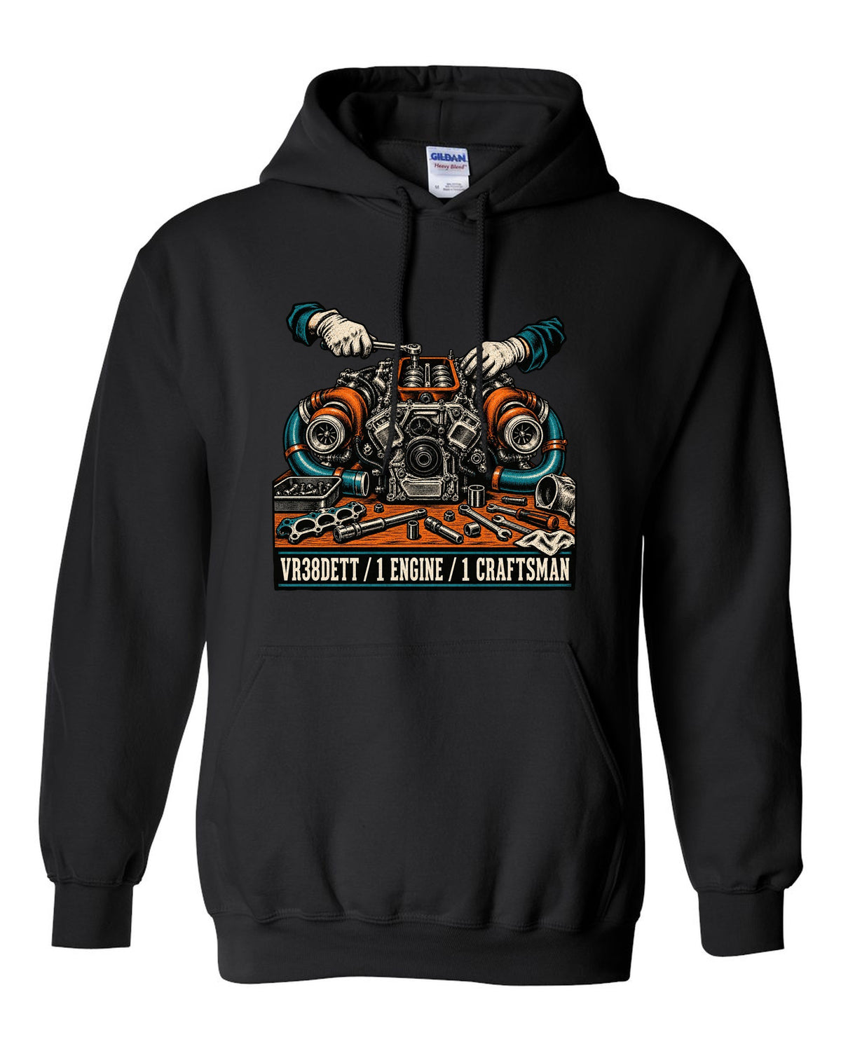 Linocut block-print back design of a Nissan GT-R R35 with VR38DETT engine text black pull over hoodie front view with the design