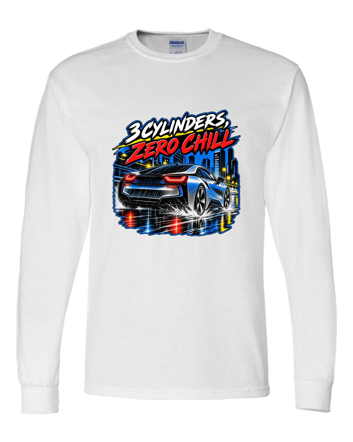 BMW i8 I12 retro manga halftone panel print with 3 cylinders zero chill text white long sleeve front view with the design