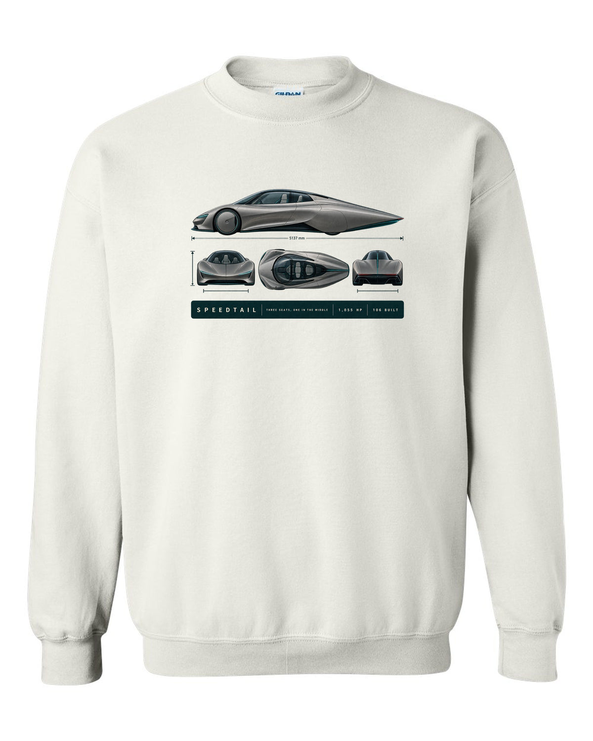 Warm grey and teal length blueprint print of a McLaren Speedtail white crewneck front view with the design