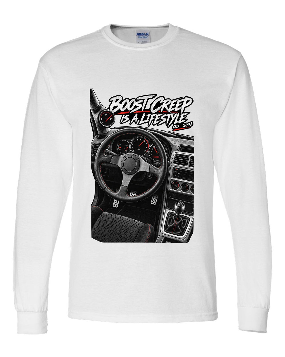Boost gauge cockpit print for a Subaru Impreza WRX GD Blobeye with boost creep text white long sleeve front view with the design