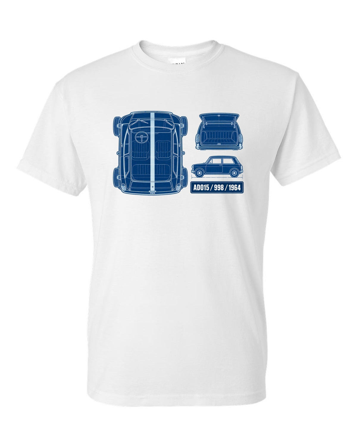 1964 Mini Cooper Mk I ADO15 in a white-on-blue cyanotype blueprint style white t-shirt front view with the design