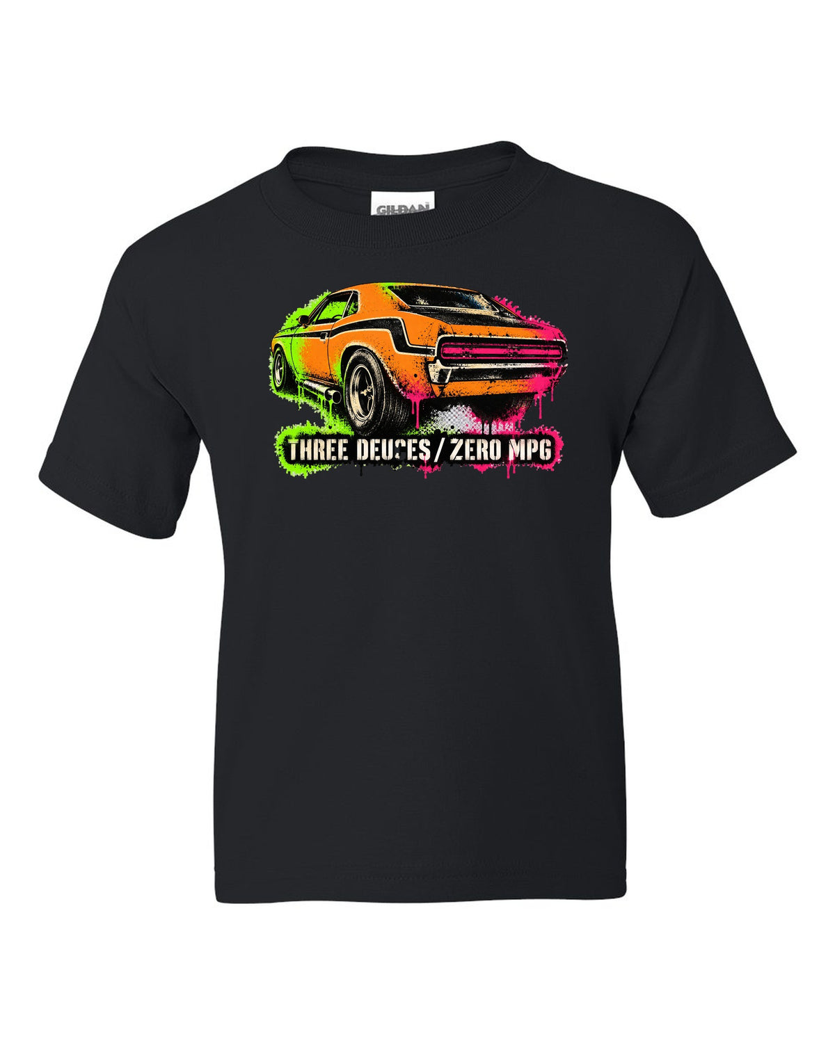1970 Dodge Challenger T/A gas-station stencil spray paint print with Three Deuces Zero MPG text black kids tee front view with the design