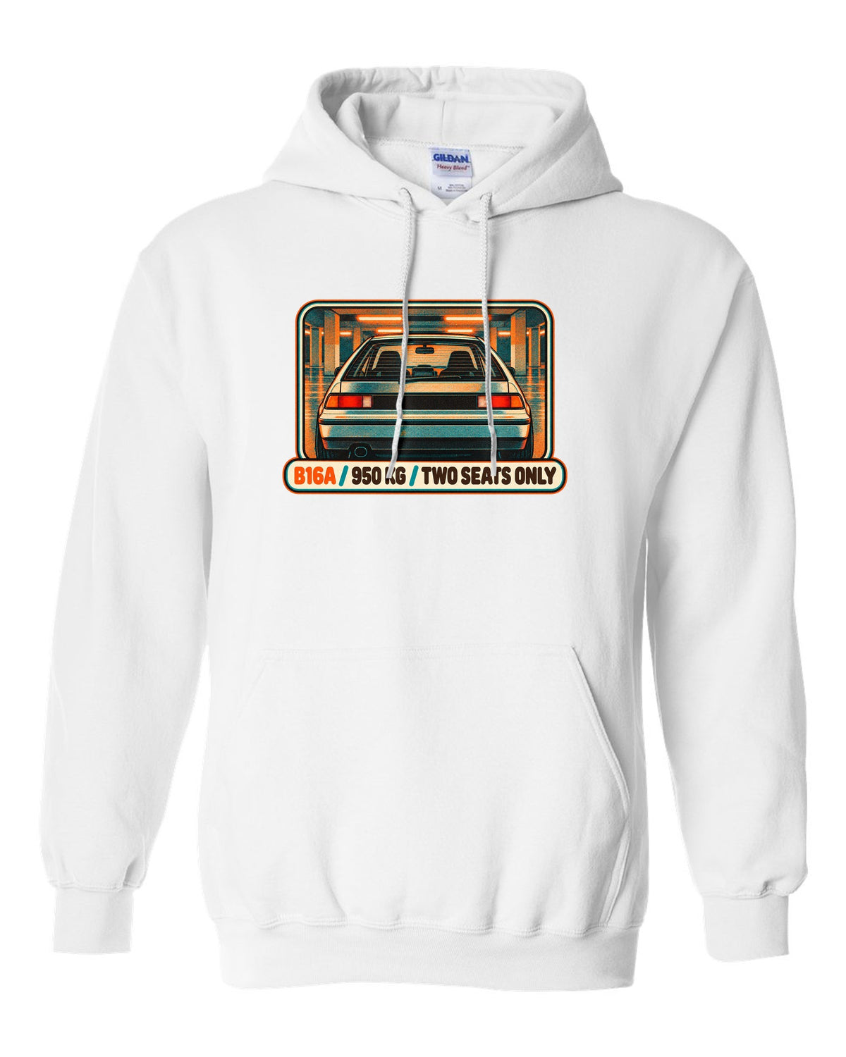 Grunge stencil print of a Honda NSX-R with No A/C No Stereo lettering white pull over hoodie front view with the design
