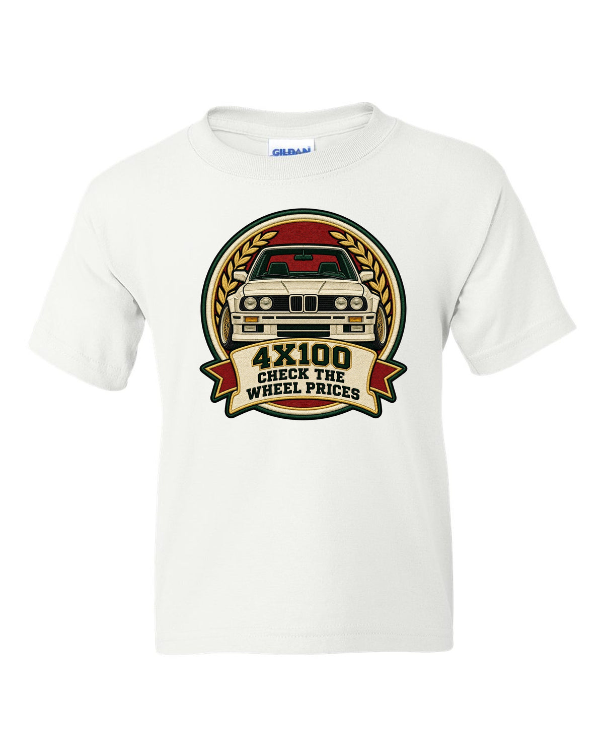 Varsity crest style print of a BMW E30 M3 with 4X100 wheel price joke text white kids tee front view with the design