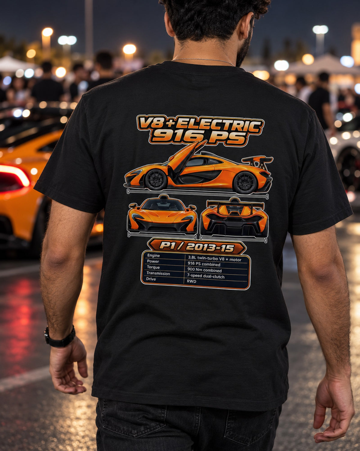 Mclaren P1 Spec Sheet Full-Back Graphic Tee T-Shirt Black worn hero
