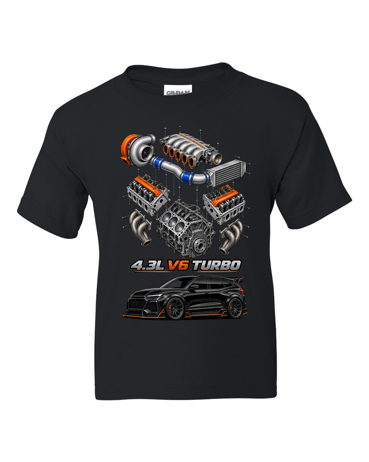 Exploded cutaway drawing of the 4.3L turbo V6 engine in a 1992-93 GMC Typhoon, printed on a shirt back black kids tee front view with the design