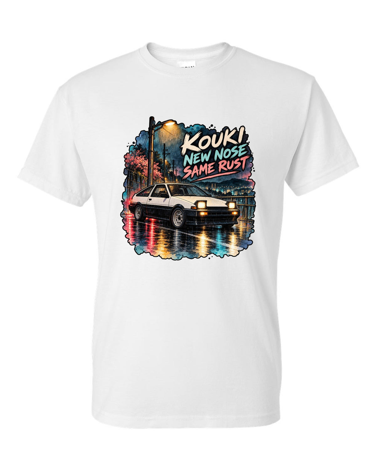 Watercolour wet street night scene with the Toyota AE86 Sprinter Trueno kouki white t-shirt front view with the design