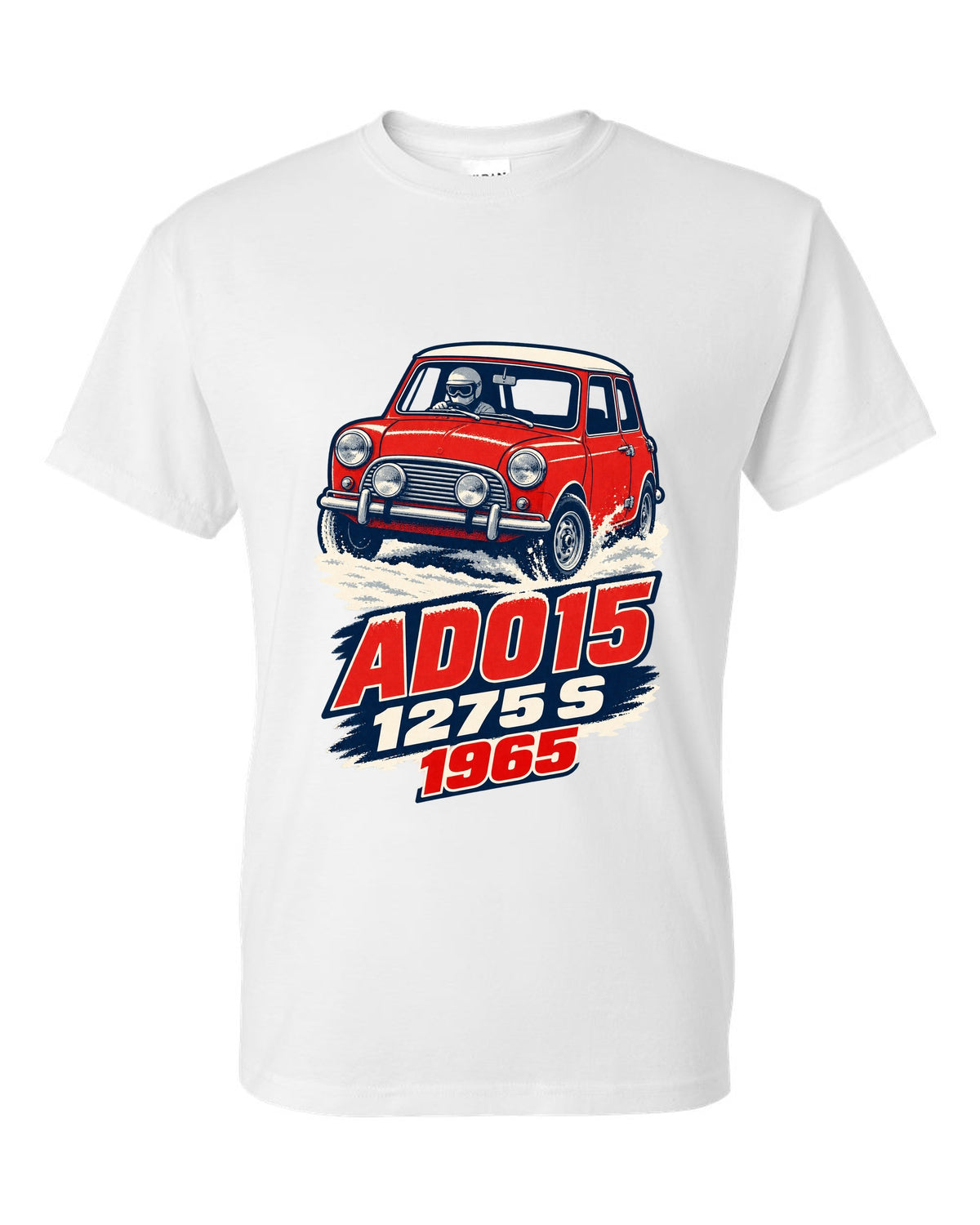 1965 Mini Cooper S ADO15 rally car in a 1960s litho poster style white t-shirt front view with the design