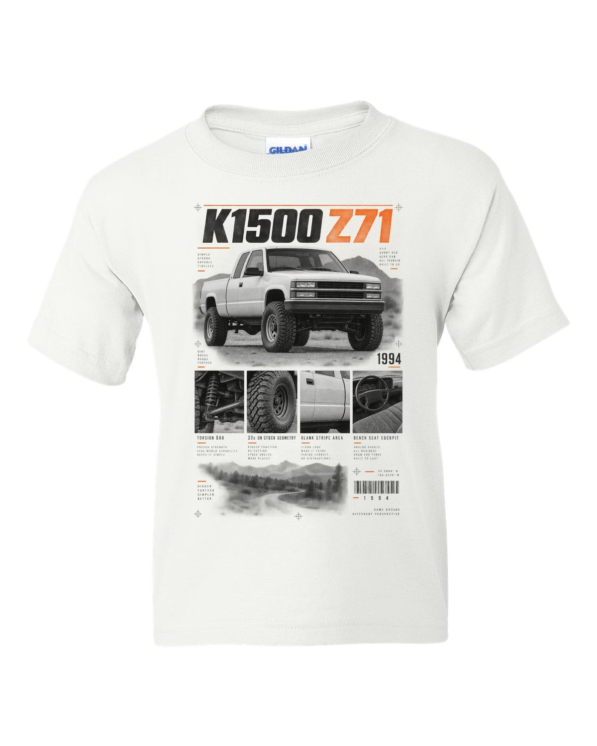 GMT400 K1500 Z71 OBS dossier panel print white kids tee front view with the design