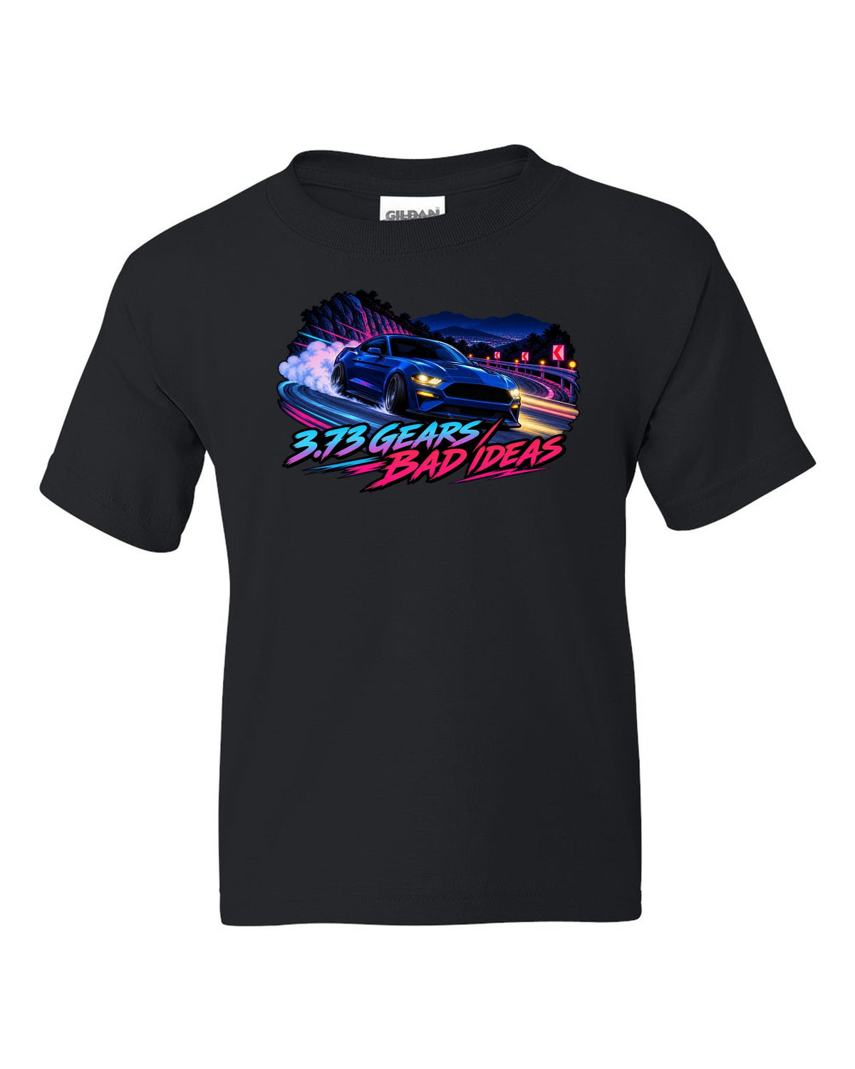 Cel-shaded anime night touge print of a 2015-2023 S550 Mustang fastback with 3.73 Gears text black kids tee front view with the design
