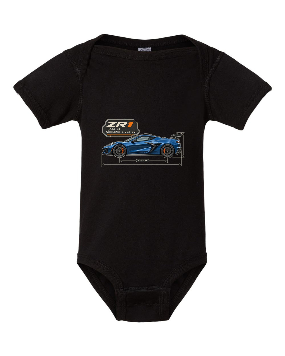 print of a Chevrolet Corvette C8 ZR1 2025 dimension blueprint with 1,064 HP and wheelbase text black baby onesie front view with the design