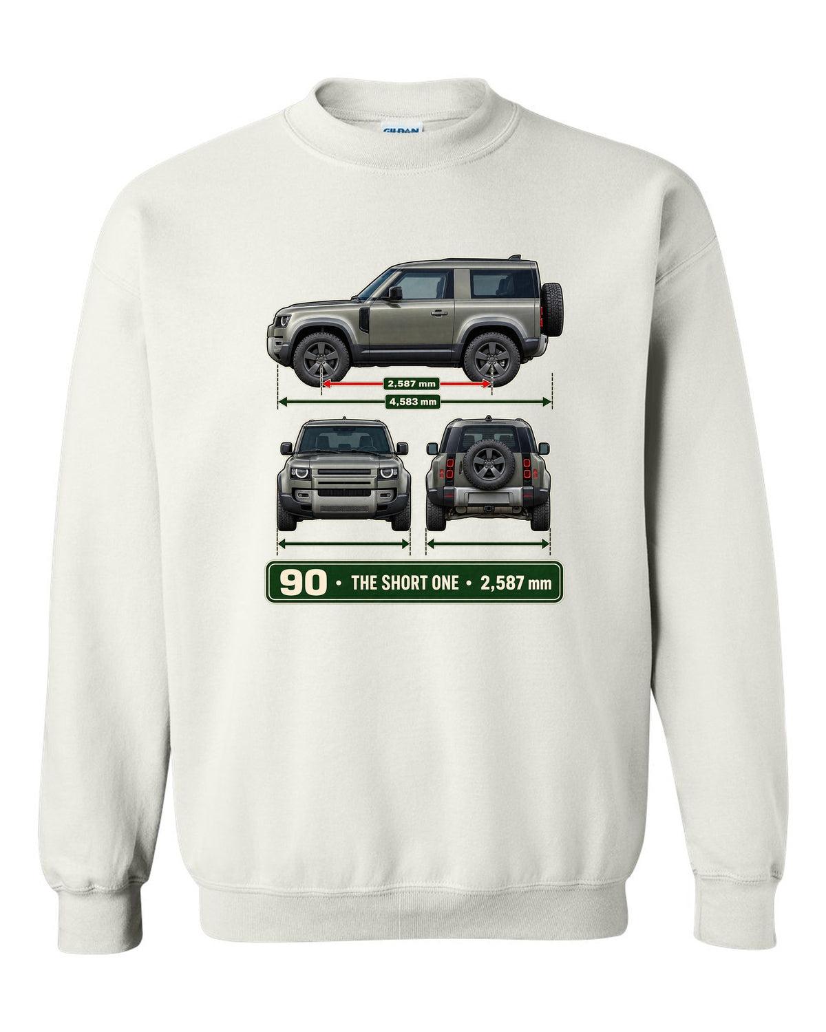 Three-view drawing with spec table print of the Land Rover Defender 90 L663 white crewneck front view with the design