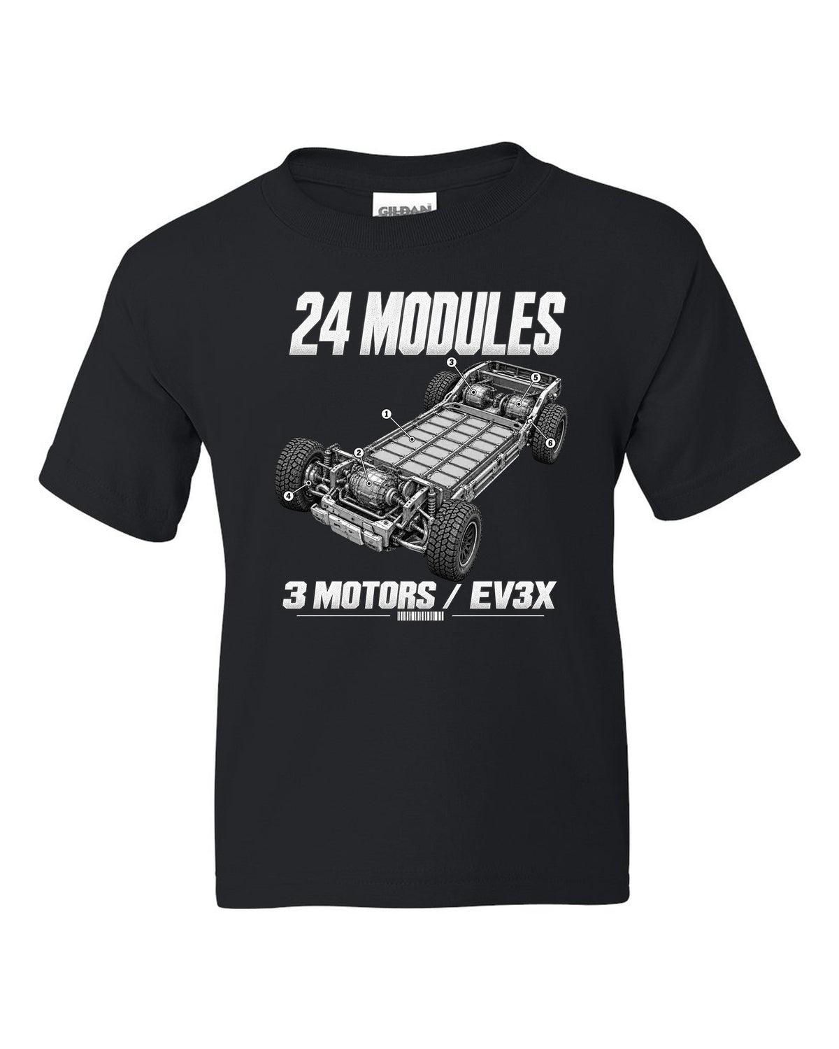 Cutaway of the GMC Hummer EV pickup battery pack and motors with labels black kids tee front view with the design