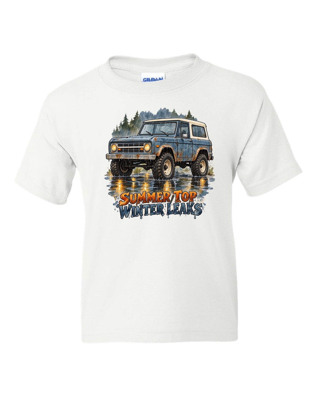 Watercolour wash print of a 1969 first-generation Chevrolet K5 Blazer with summer top winter leaks text white kids tee front view with the design