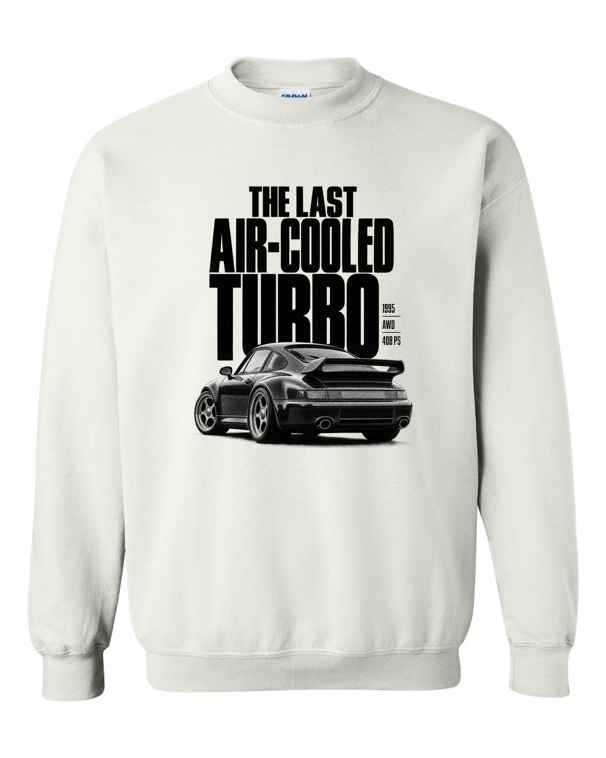 Halftone print of the Porsche 911 Turbo (993) with the line The Last Air-Cooled Turbo white crewneck front view with the design