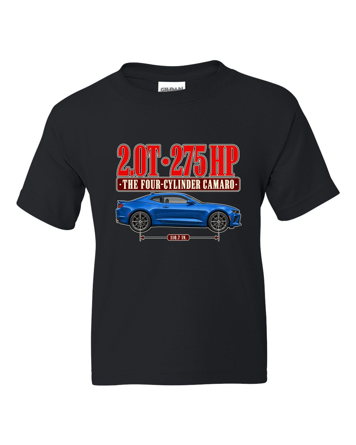Editorial headline print for a Chevrolet Camaro 2.0T Turbo 1LE black kids tee front view with the design