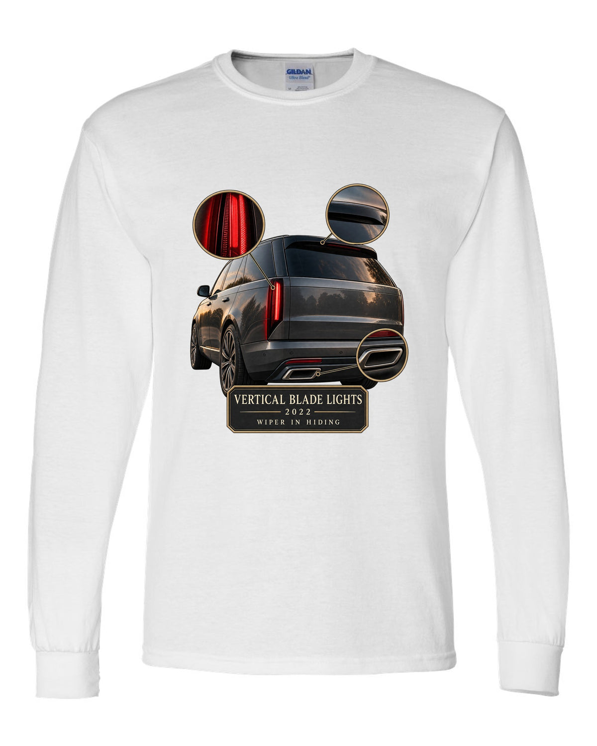 Taillight macro print of the Range Rover L460 with vertical blade lights white long sleeve front view with the design
