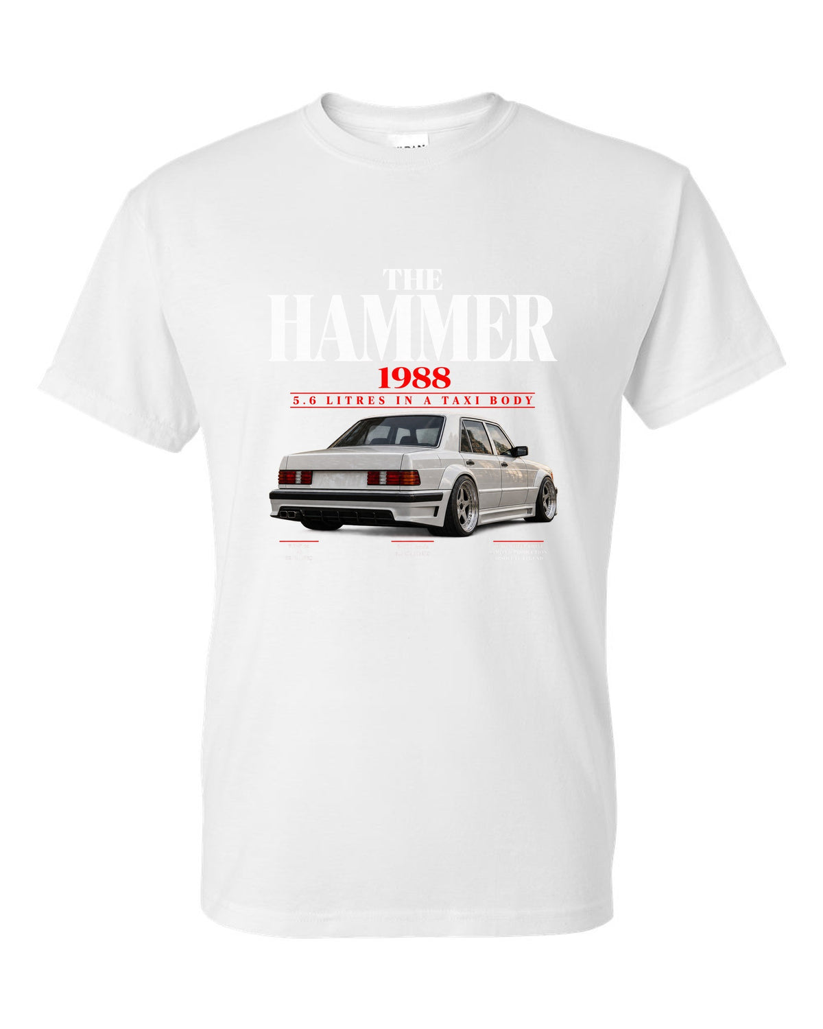 Mercedes 300E 5.6 AMG Hammer W124 editorial print with 1988 headline white t-shirt front view with the design