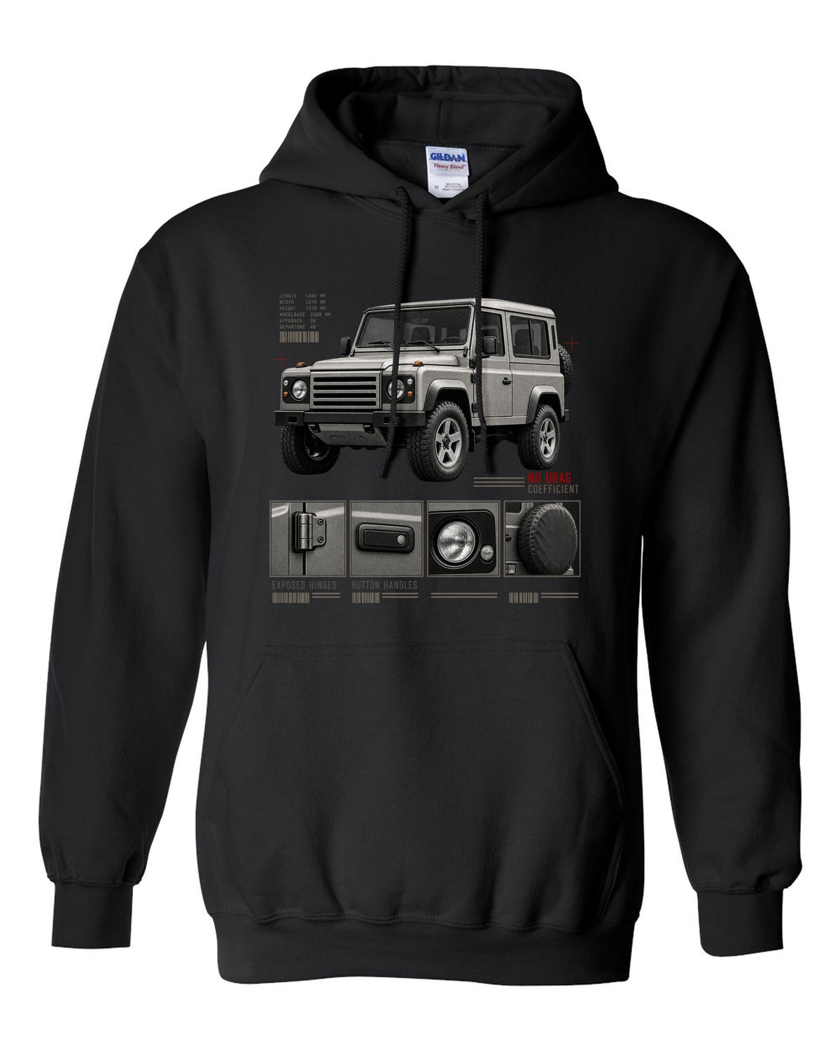 Dossier panel print of a Mercedes G-Class W463 listing exposed hinges and button handles black pull over hoodie front view with the design