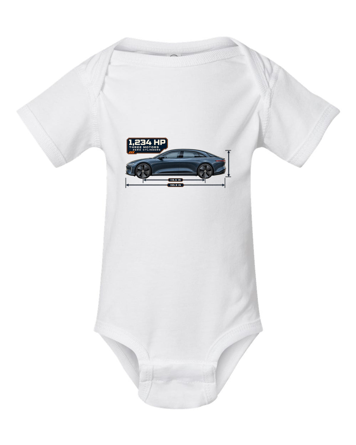 Dimension blueprint print of a Lucid Air Sapphire 2023 white baby onesie front view with the design