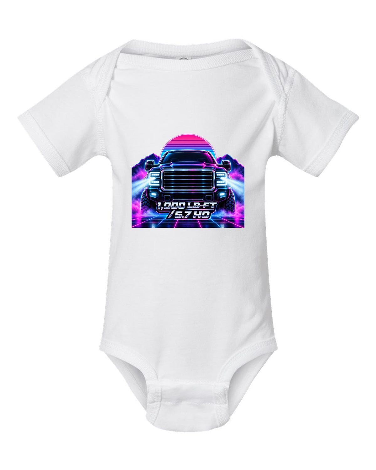 Neon synthwave grid print of a 2019-2024 Ram HD 2500 6.7 Cummins HO white baby onesie front view with the design