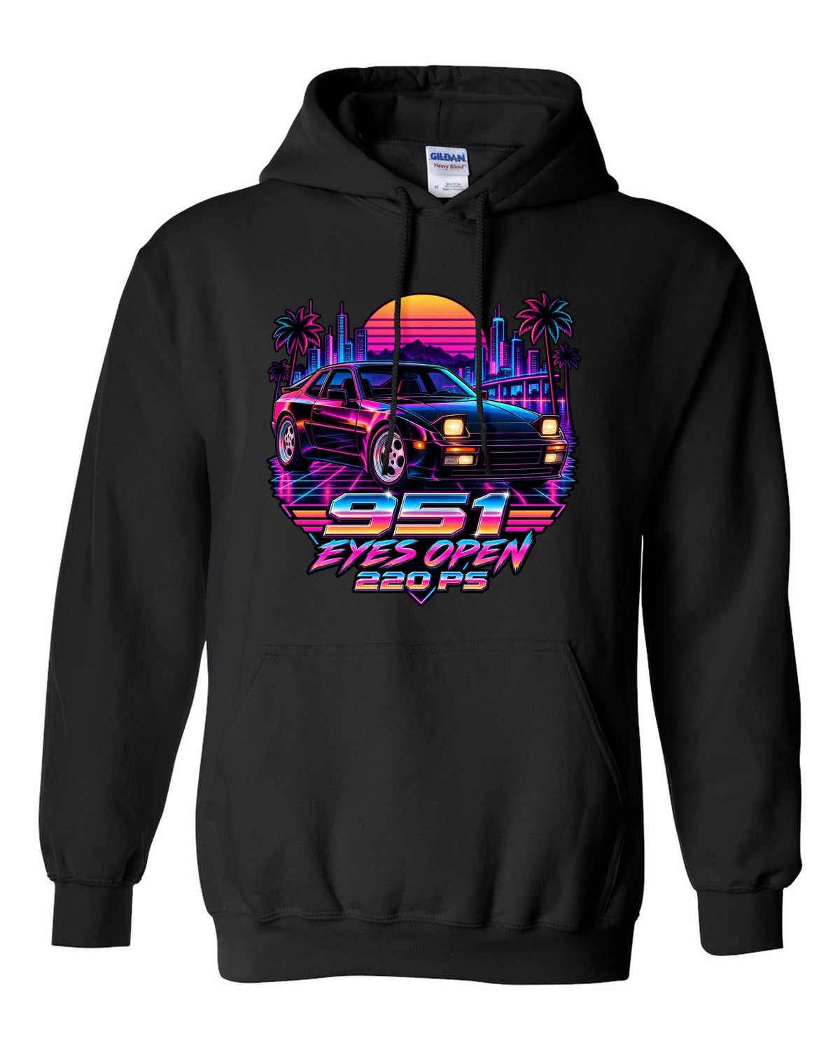 Synthwave neon Porsche 944 Turbo 951 with pop-up headlights open black pull over hoodie front view with the design