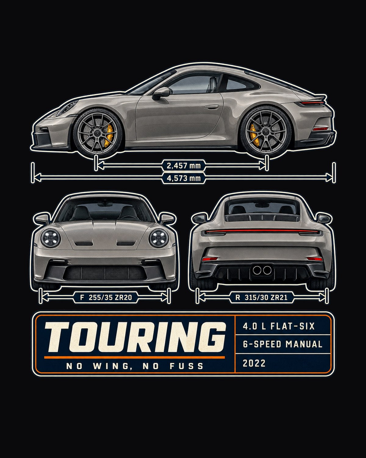 Porsche 992 GT3 Touring Three-View Shirt, Manual No Wing Tee design only