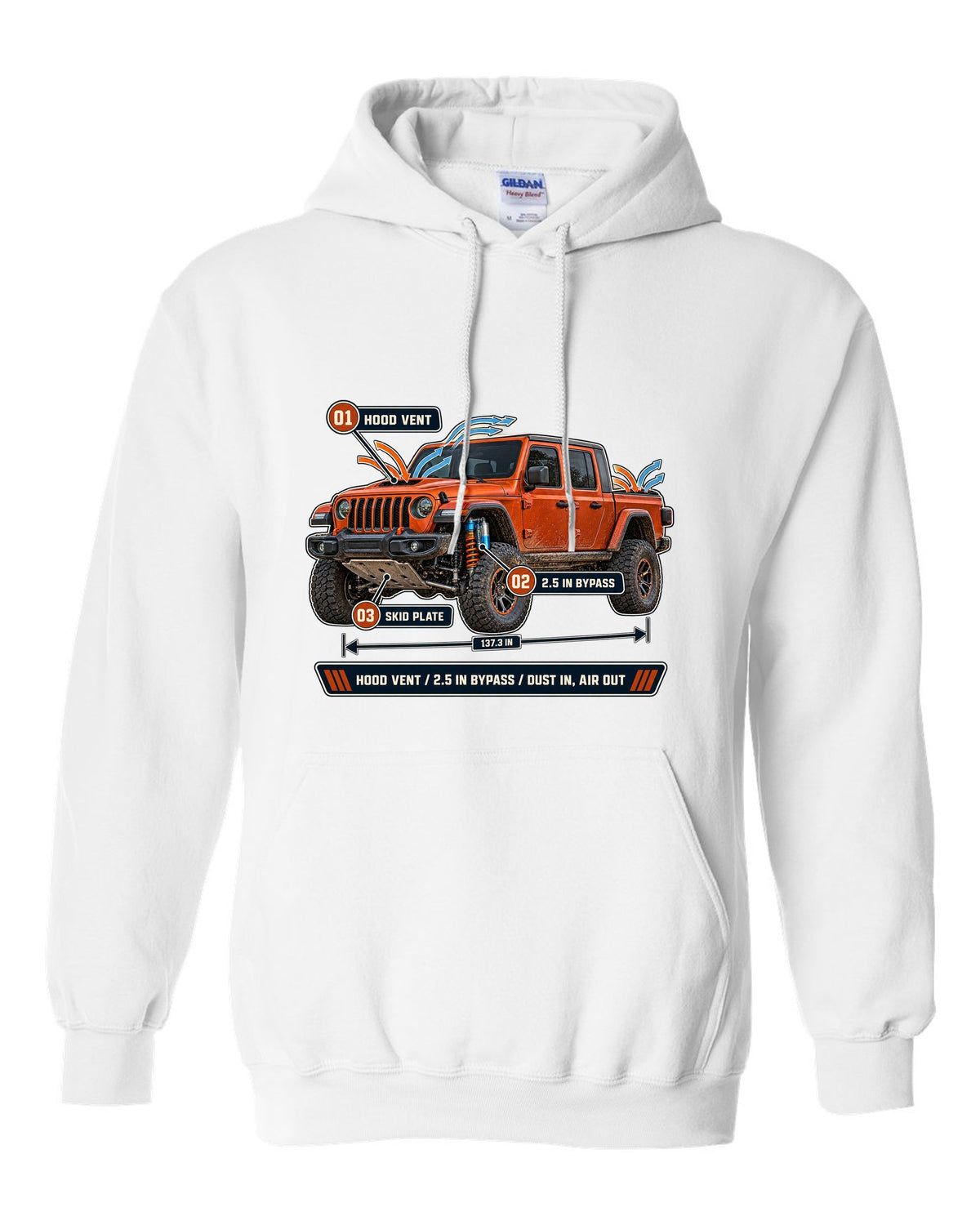 Aero callout print for the Jeep Gladiator Mojave JT showing hood vent and bypass white pull over hoodie front view with the design