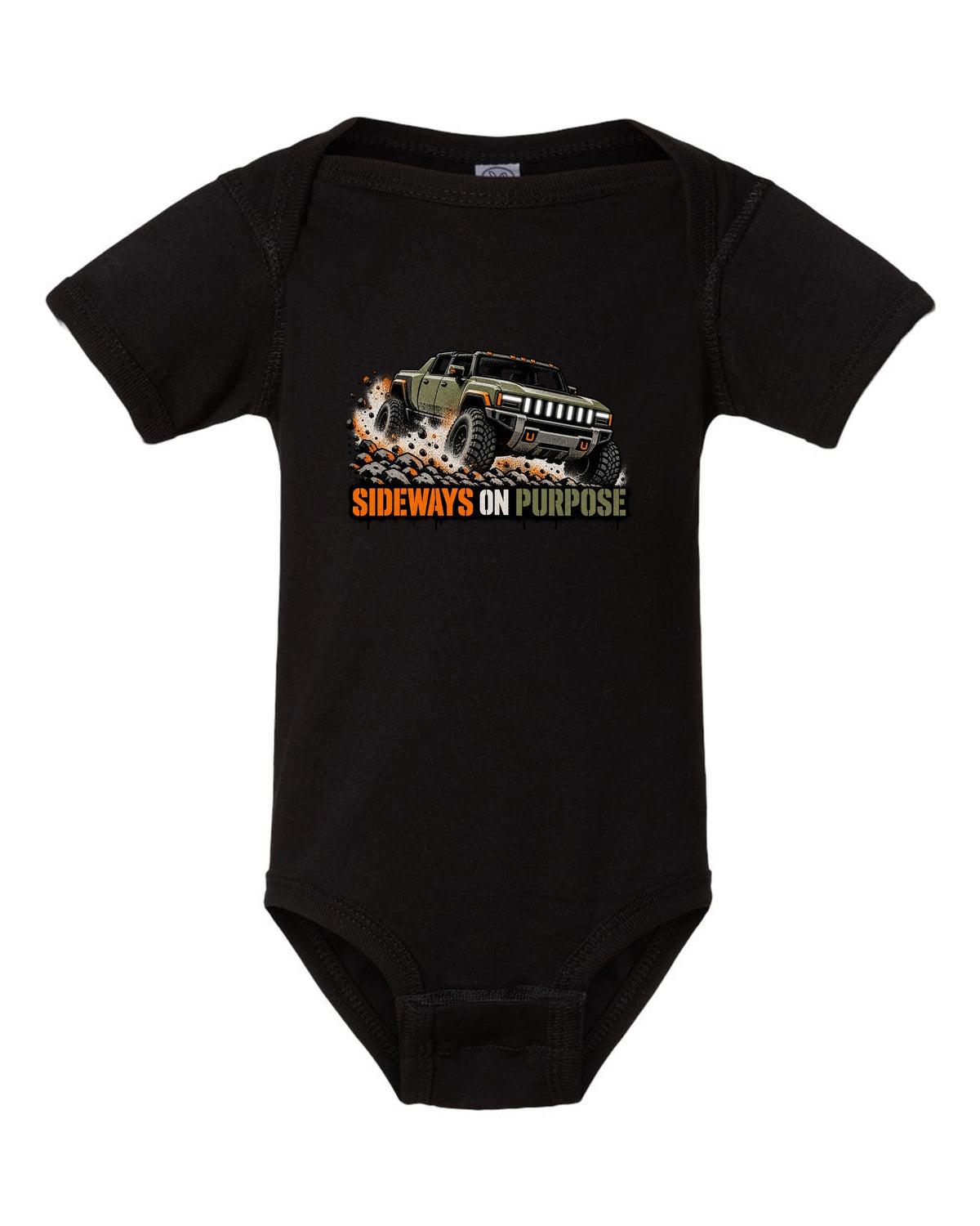 GMC Hummer EV spray stencil print with the words Sideways On Purpose black baby onesie front view with the design