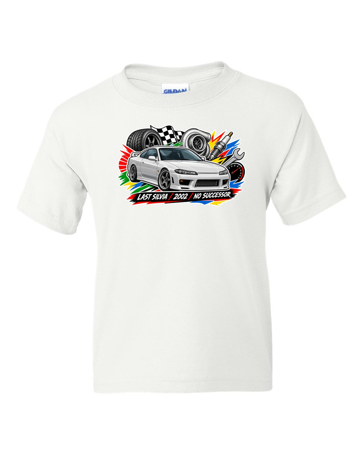 Sticker-bomb collage print for the Nissan Silvia S15 with last Silvia 2002 no successor lettering white kids tee front view with the design