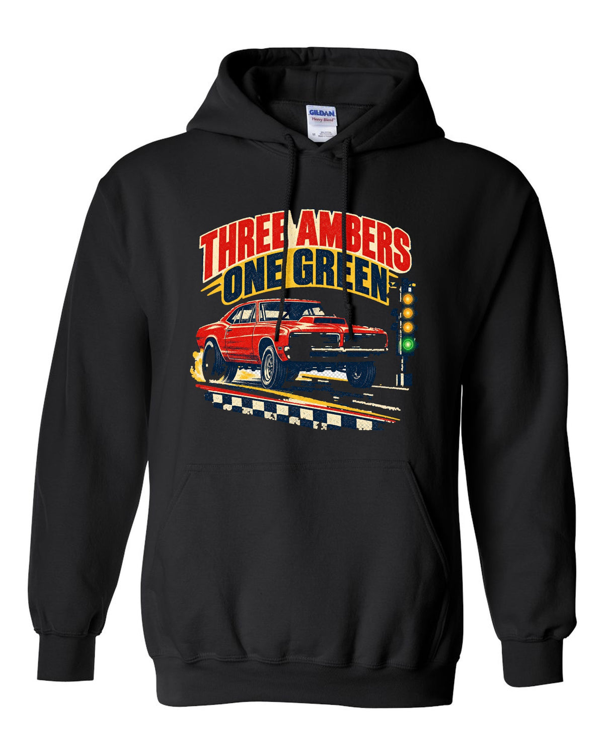 Vintage drag-race poster of a 1969 Plymouth Road Runner with the Christmas tree lights black pull over hoodie front view with the design