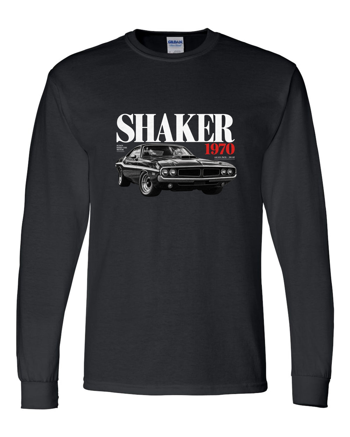 Editorial headline print of a 1970 Dodge Challenger R/T Shaker with 440 Six Pack text black long sleeve front view with the design