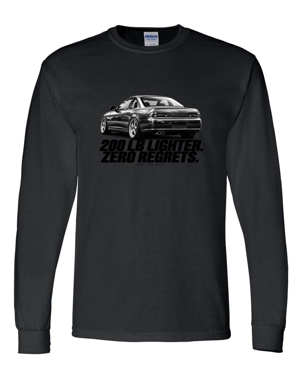 BMW E36 M3 Lightweight 1995 halftone print with 200 lb lighter and 126 built text black long sleeve front view with the design
