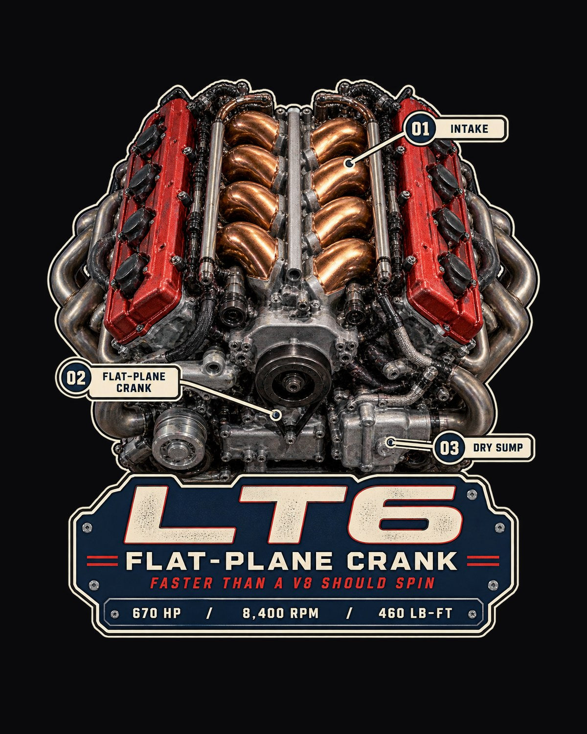 Chevrolet Corvette C8 Z06 LT6 Engine Hero Shirt, Flat-Plane design only