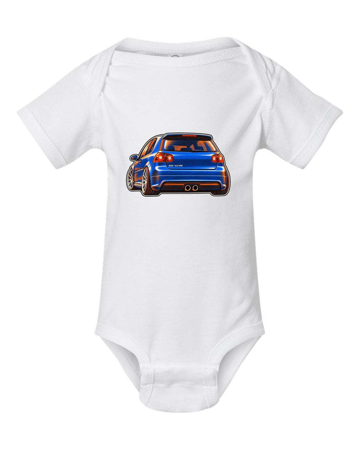 Risograph style print of a VW Golf R32 Mk5 with twin exhaust pipes and 3.2 VR6 text white baby onesie front view with the design