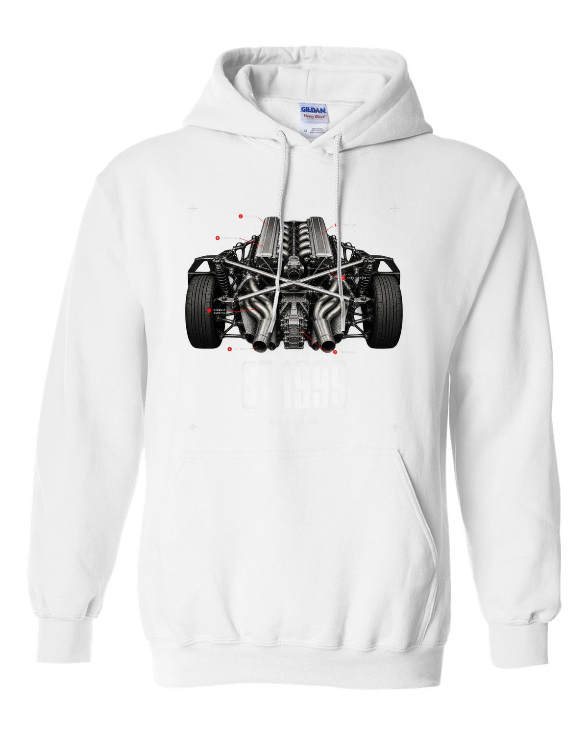 Engine hero print of a Lamborghini Diablo GT 6.0 V12 with 80 built text white pull over hoodie front view with the design