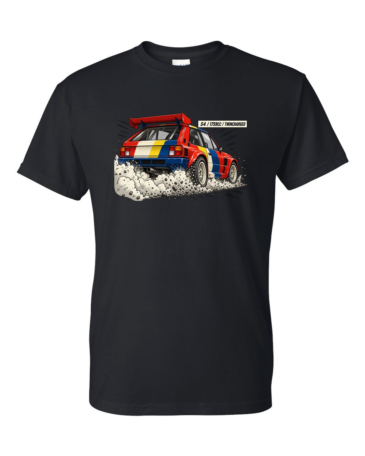 Retro manga halftone panel of the rear of a Lancia Delta S4 with twincharged lettering black t-shirt front view with the design