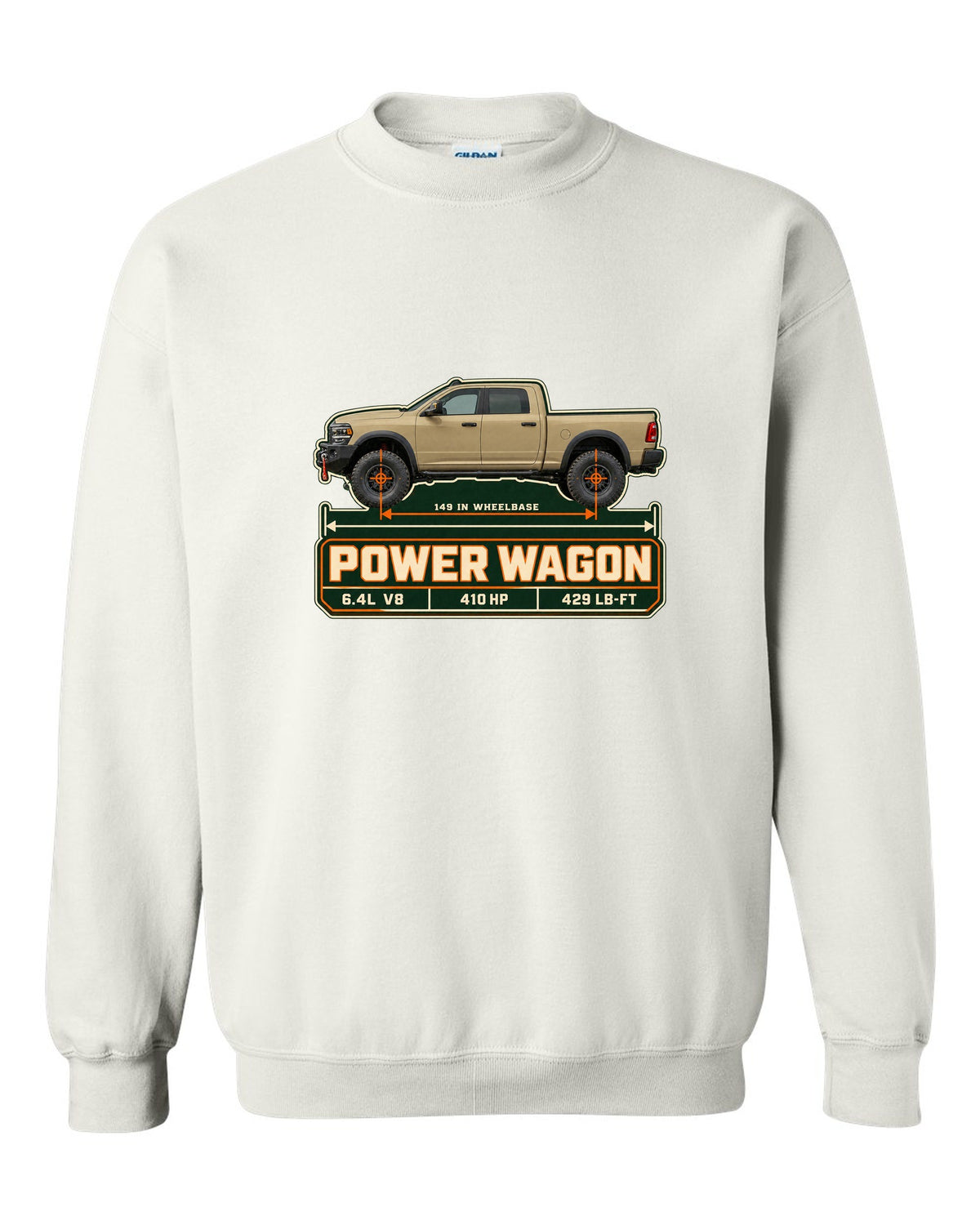 Ram 2500 Power Wagon dimension blueprint plate print with 149 inch wheelbase white crewneck front view with the design