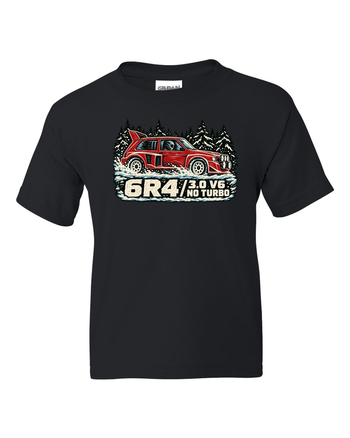Linocut style print of an MG Metro 6R4 with 3.0 V6 and no turbo lettering black kids tee front view with the design