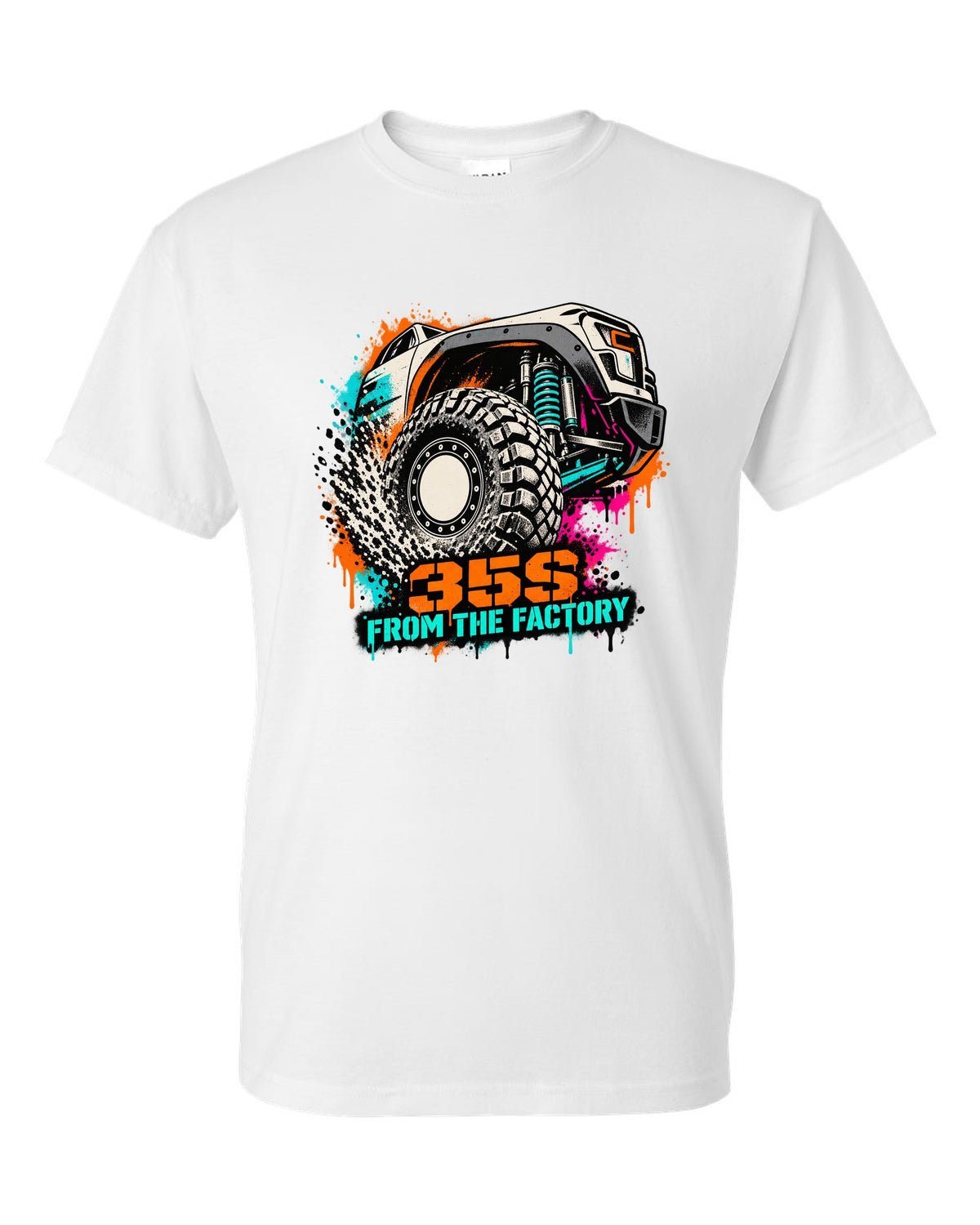 Stencil spray street art print of a Ram 1500 TRX wheel with 35S lettering white t-shirt front view with the design