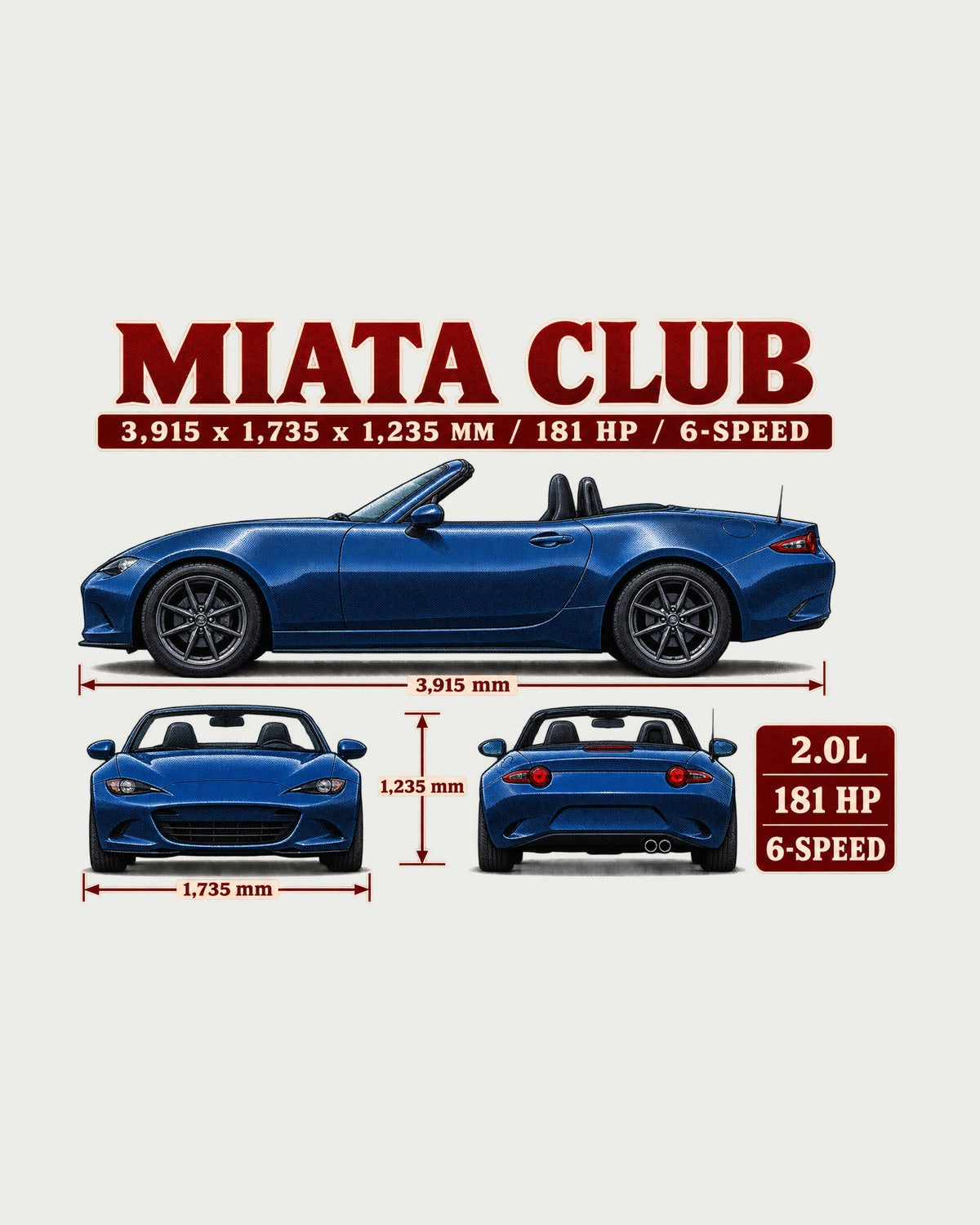 Mazda MX-5 ND Club Three-View Spec Shirt, Miata Car Gift design only