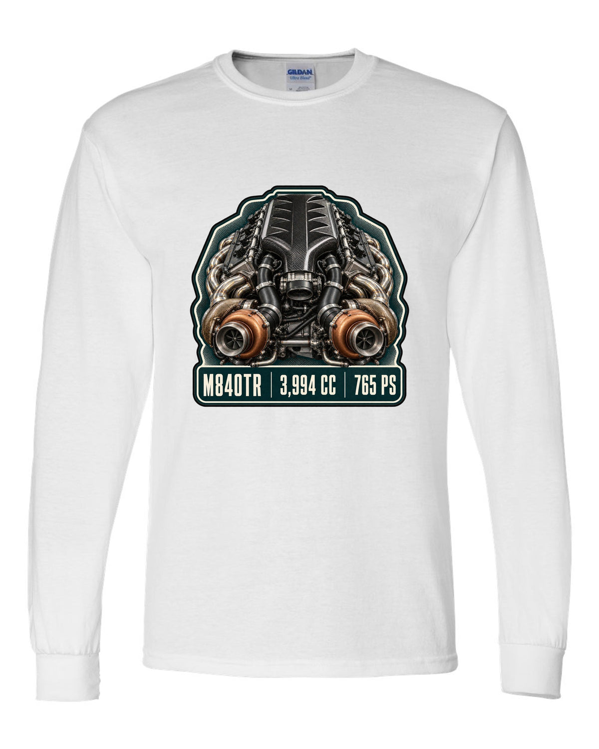 Engine hero print of the McLaren 765LT M840TR V8 white long sleeve front view with the design