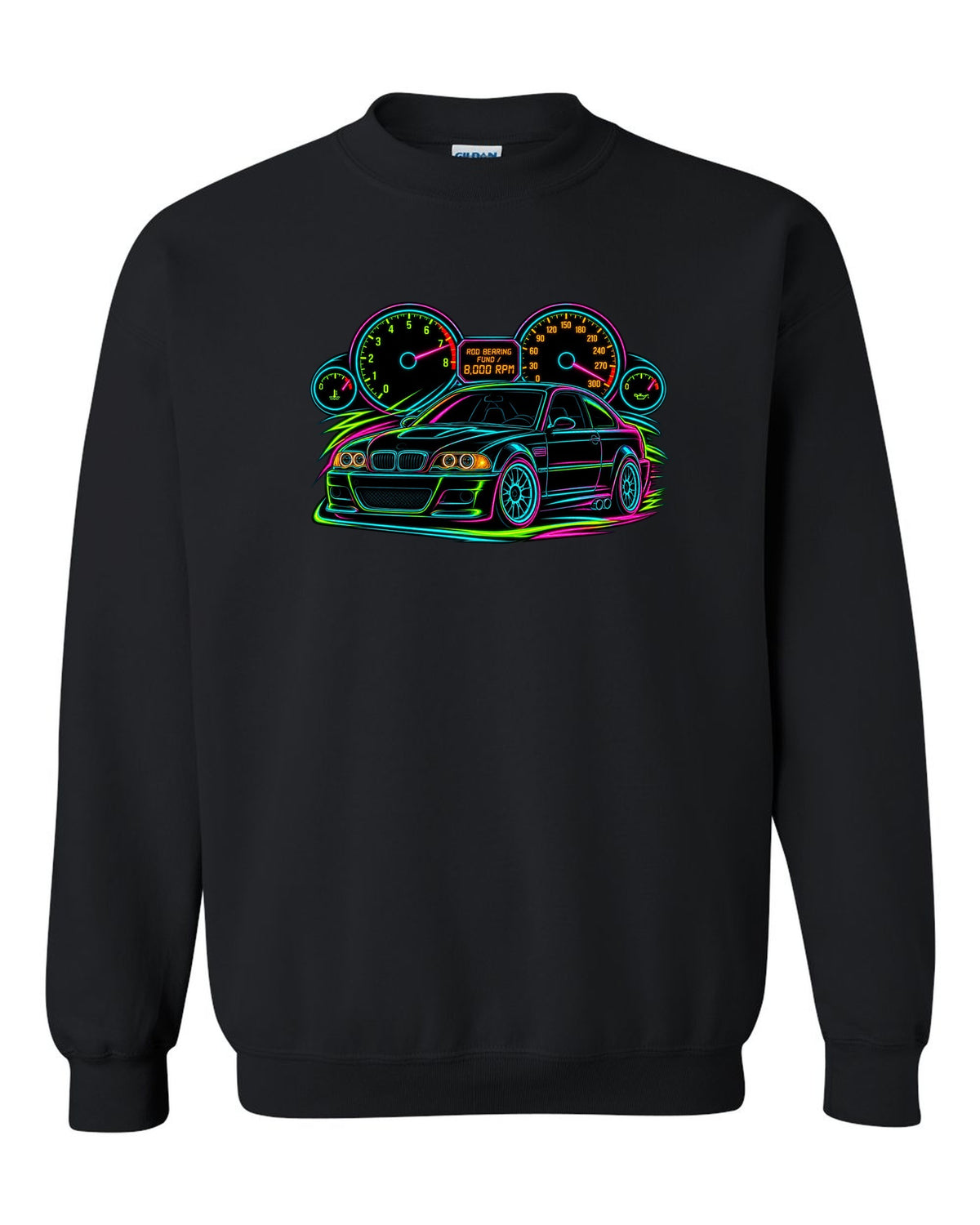 Neon line art redline gauge of a BMW E46 M3 coupe with 8,000 RPM and rod bearing fund text black crewneck front view with the design