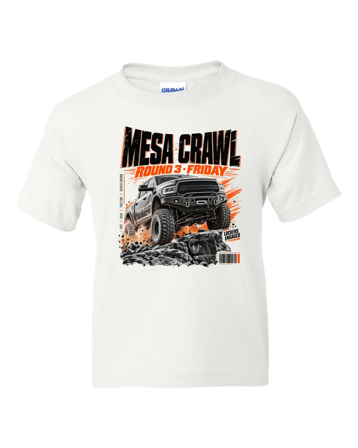 Race poster print of a Ram 2500 Power Wagon at a Mesa Crawl event white kids tee front view with the design