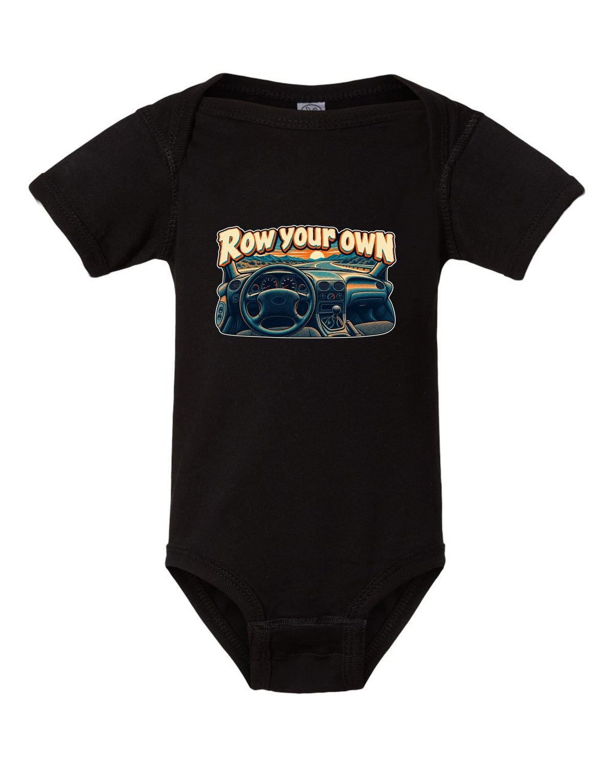 Risograph halftone Ford Mustang SN95 with the words Row your own black baby onesie front view with the design