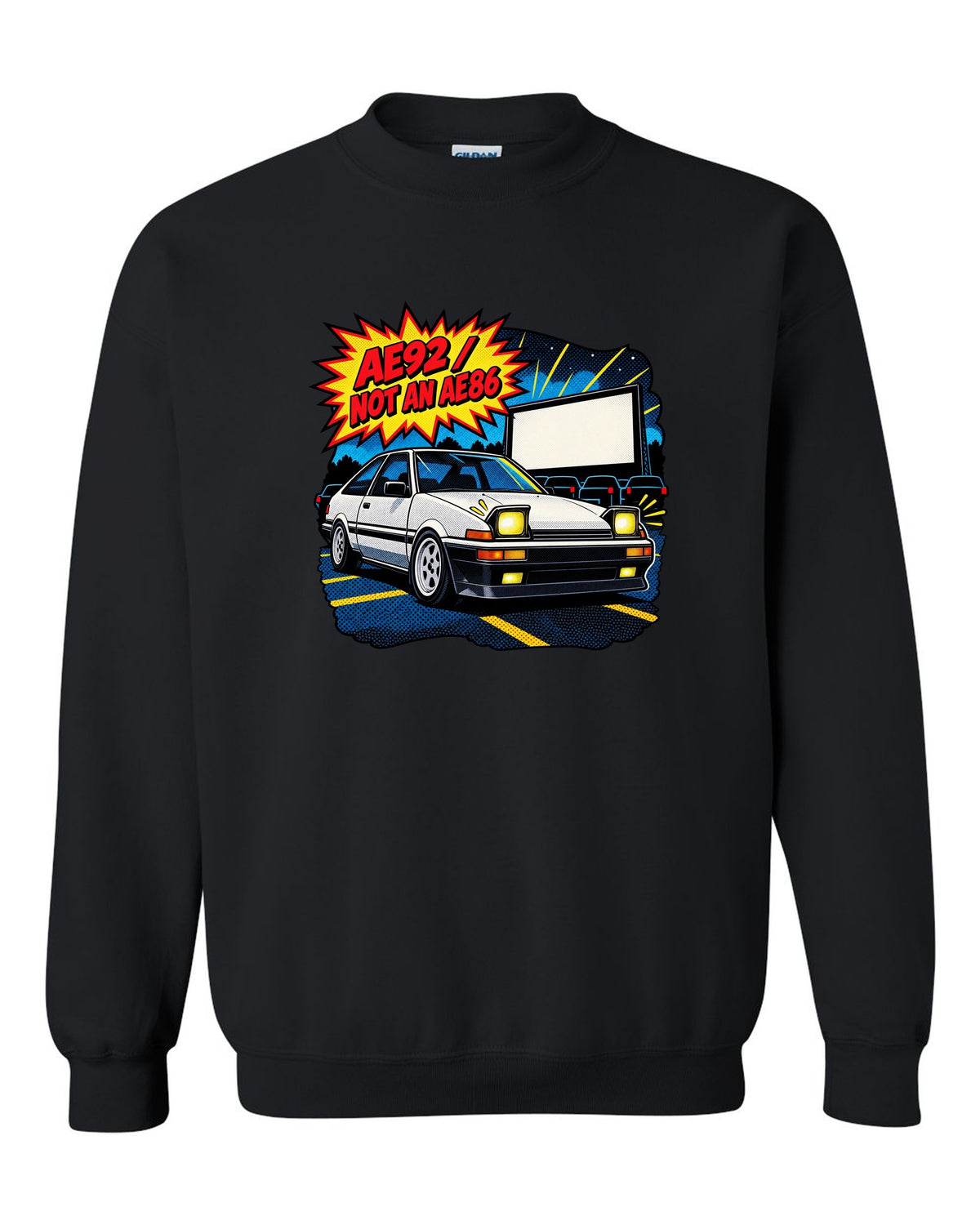 Comic halftone pop-art of a Toyota Corolla AE92 Trueno with the text AE92 Not an AE86 black crewneck front view with the design