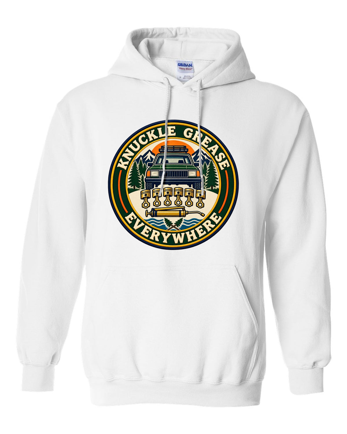Badge crest of a Toyota Land Cruiser FZJ80 inline-six with Knuckle Grease Everywhere lettering white pull over hoodie front view with the design